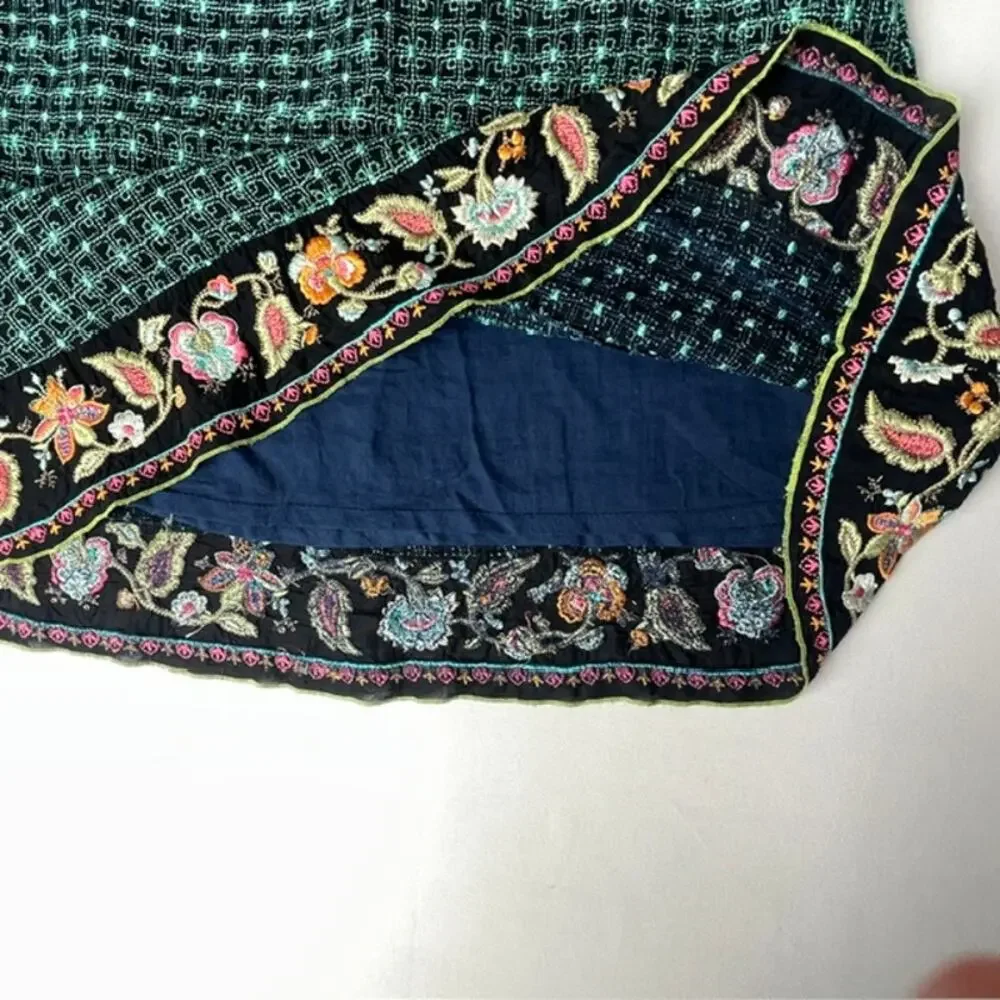 Johnny Was Embroidered Boho Mini Skirt Green Floral Festival Size S